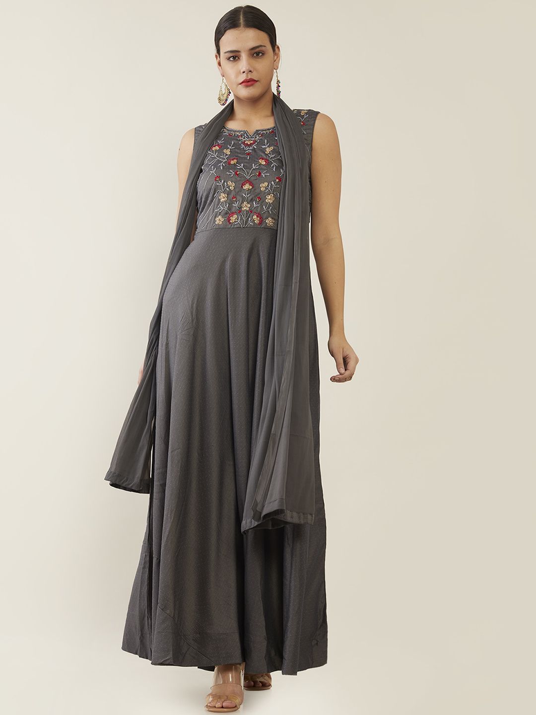 Soch Grey Fringed Ethnic Maxi Dress Price in India