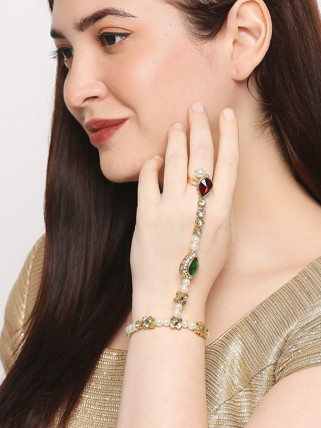 OOMPH Women Gold-Toned & White Kundan Handcrafted Gold-Plated Ring Bracelet Price in India