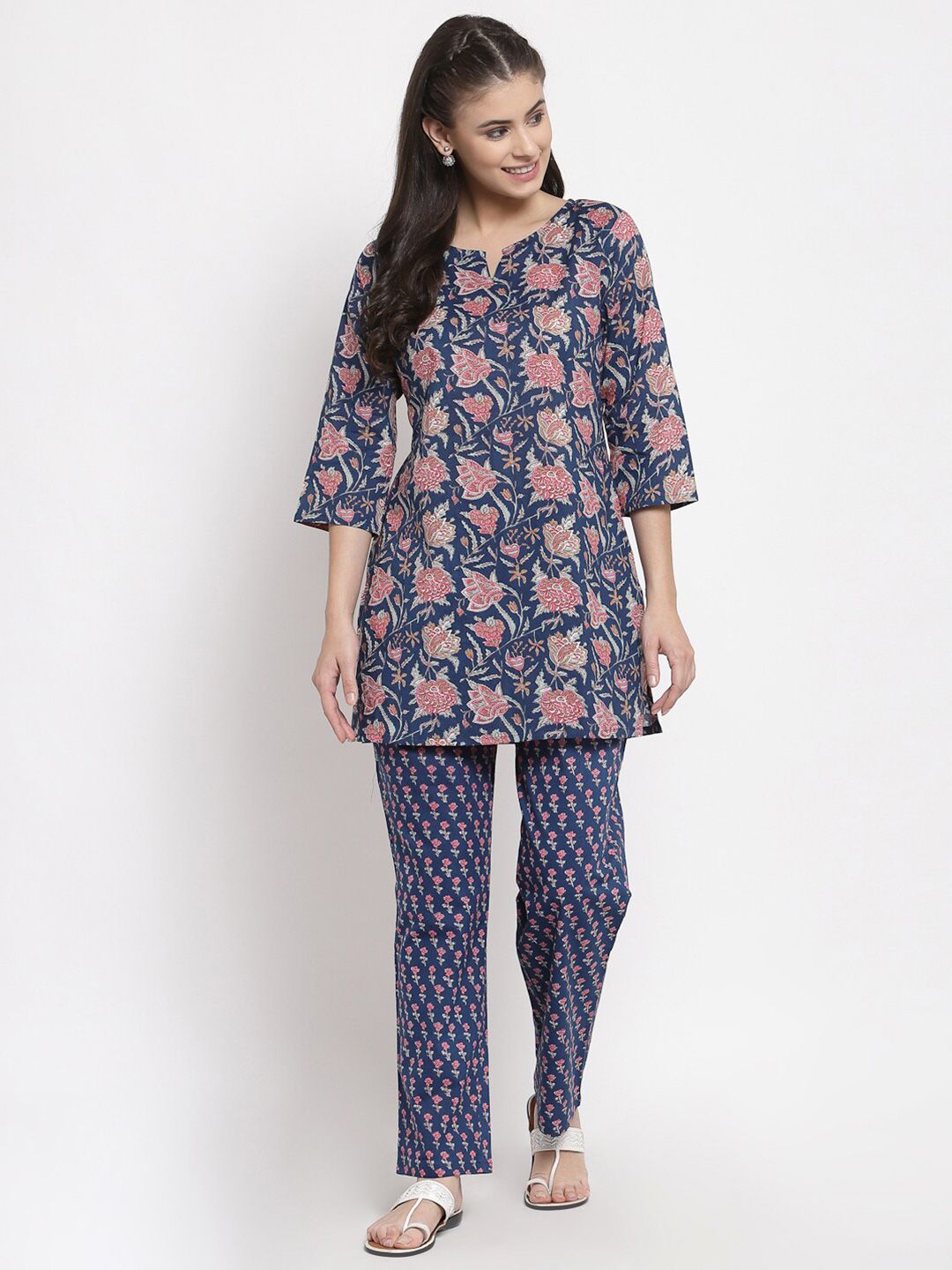 Yuris Women Blue & Pink Printed Pure Cotton Top with Trousers Price in India