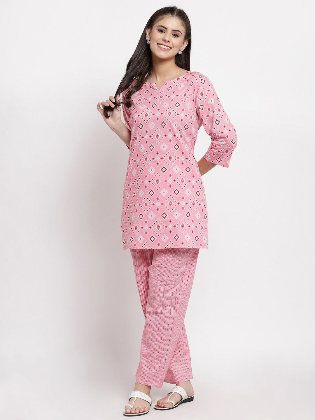 Yuris Women Pink & White Printed Pure Cotton Tunic with Trousers Price in India