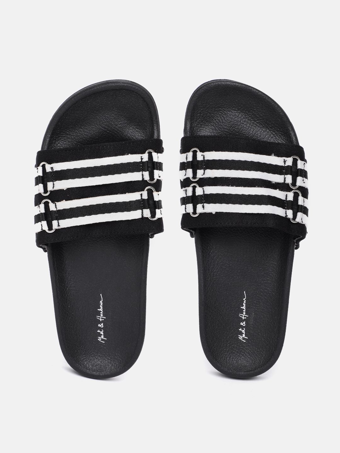 Mast & Harbour Women Black & White Striped Sliders Price in India