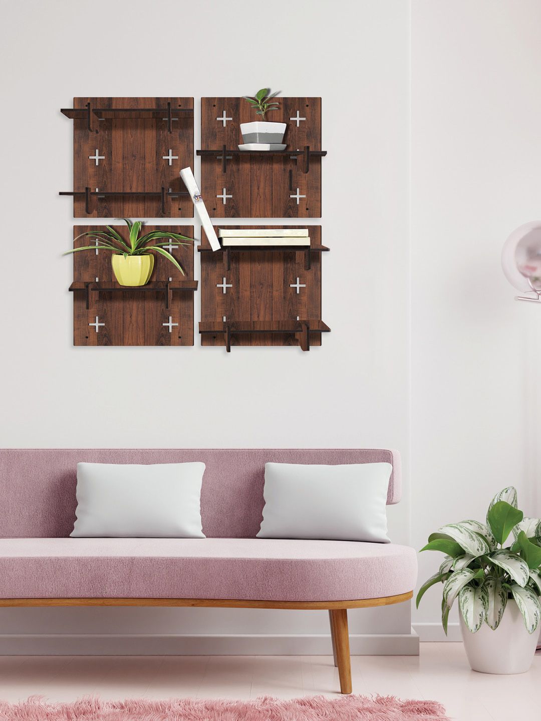 RANDOM Coffee Brown Set of 4 Square Wood Modular Wall Shelves Price in India