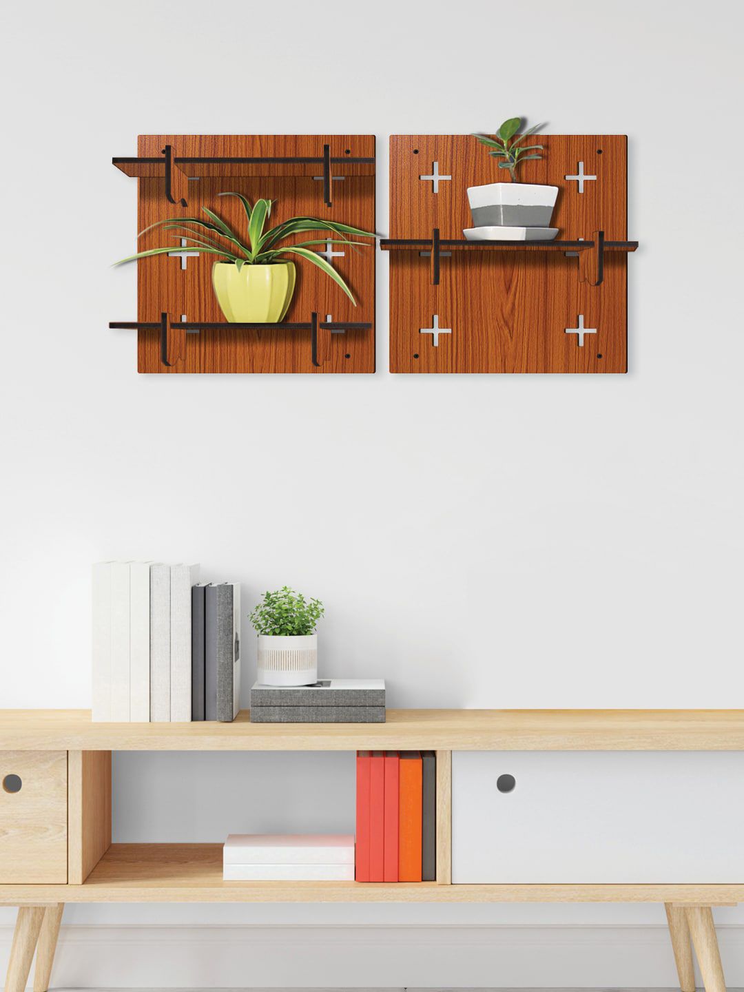RANDOM Brown & White Set of 2 Square Wood Modular Wall Shelves Price in India