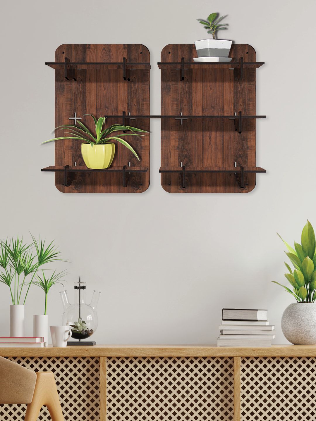 RANDOM Coffee Brown Set of 2 Rectangular Wood Modular Wall Shelves Price in India