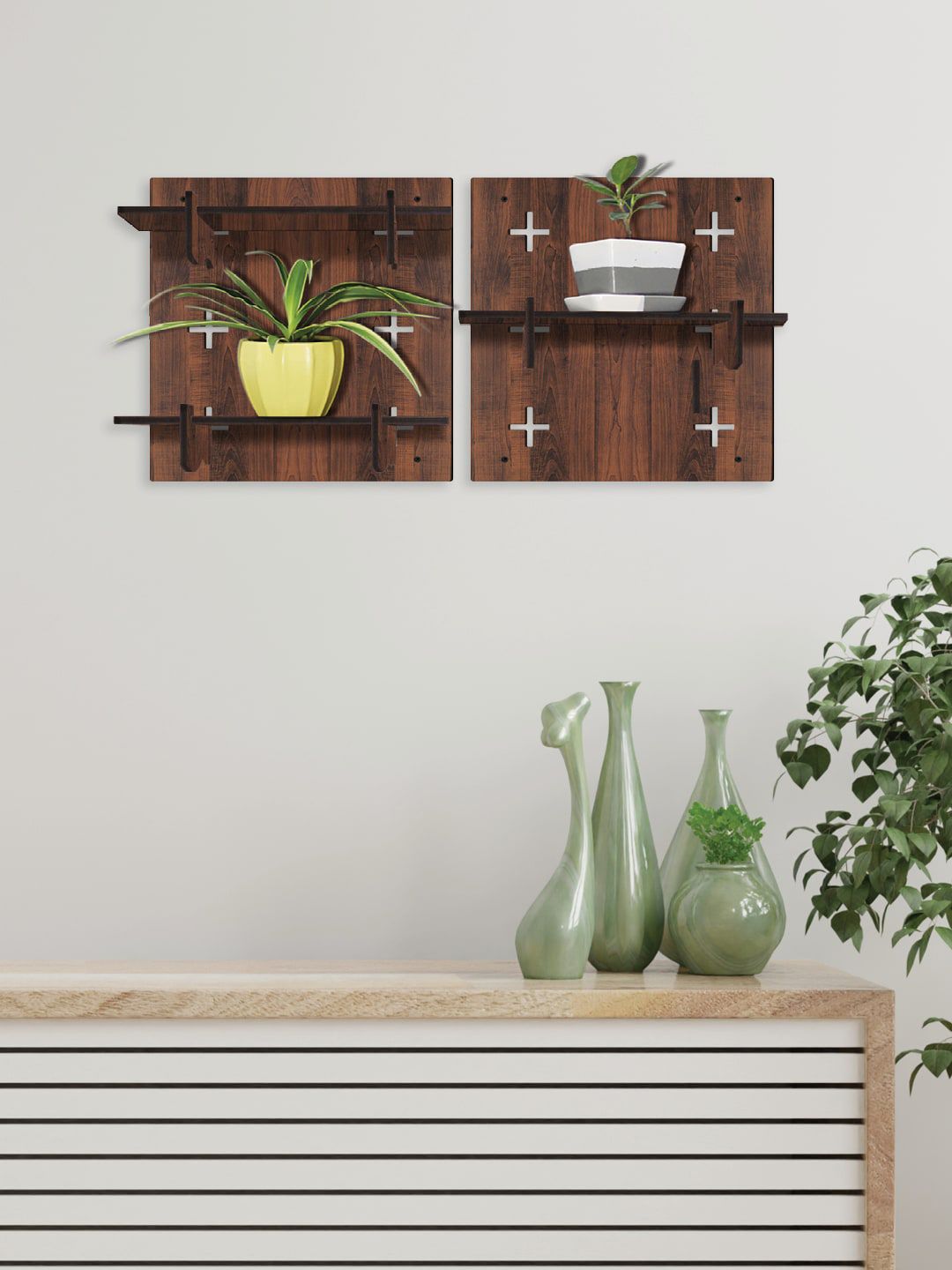 RANDOM Coffee Brown Set of 2 Square Wood Modular Wall Shelves Price in India