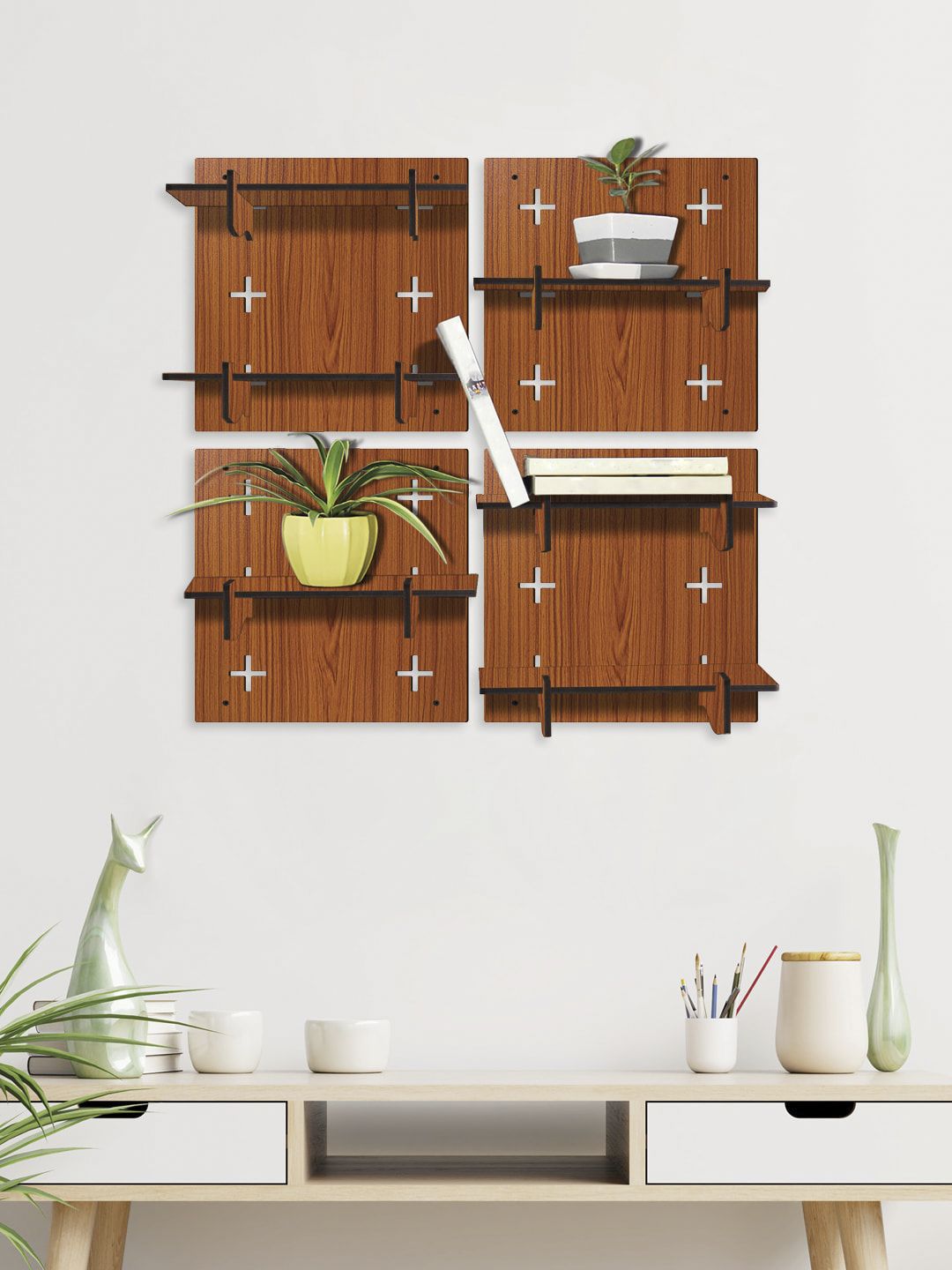 RANDOM Brown Set of 4 Square Wood Modular Wall Shelves Price in India