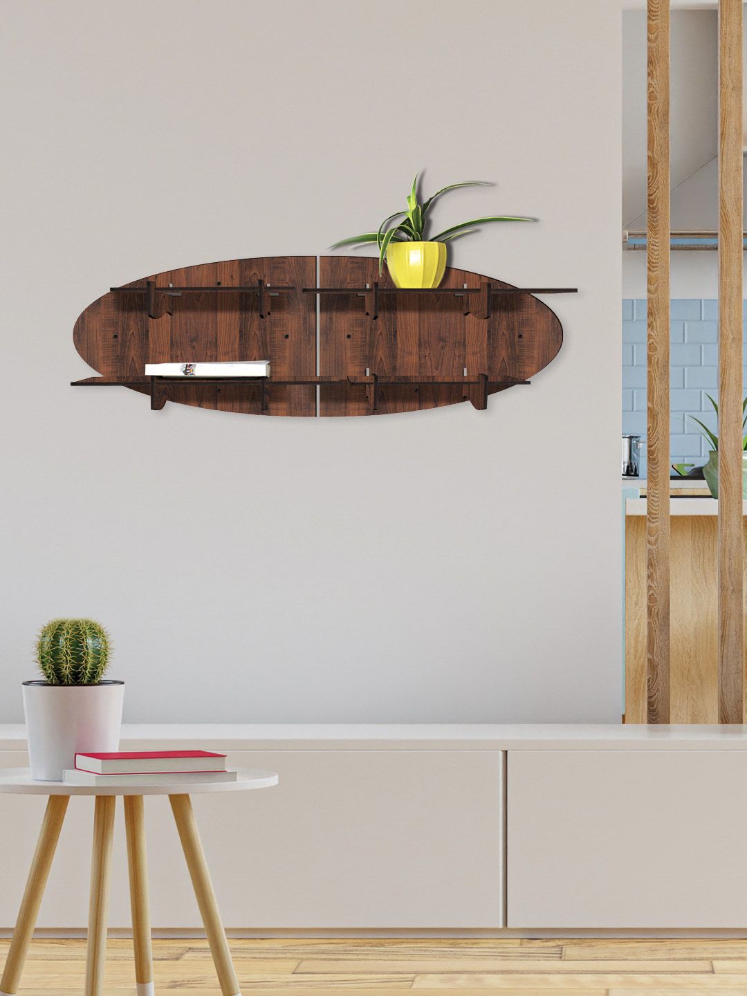 RANDOM Coffee Brown Set of 2 Oval Wood Modular Wall Shelves Price in India