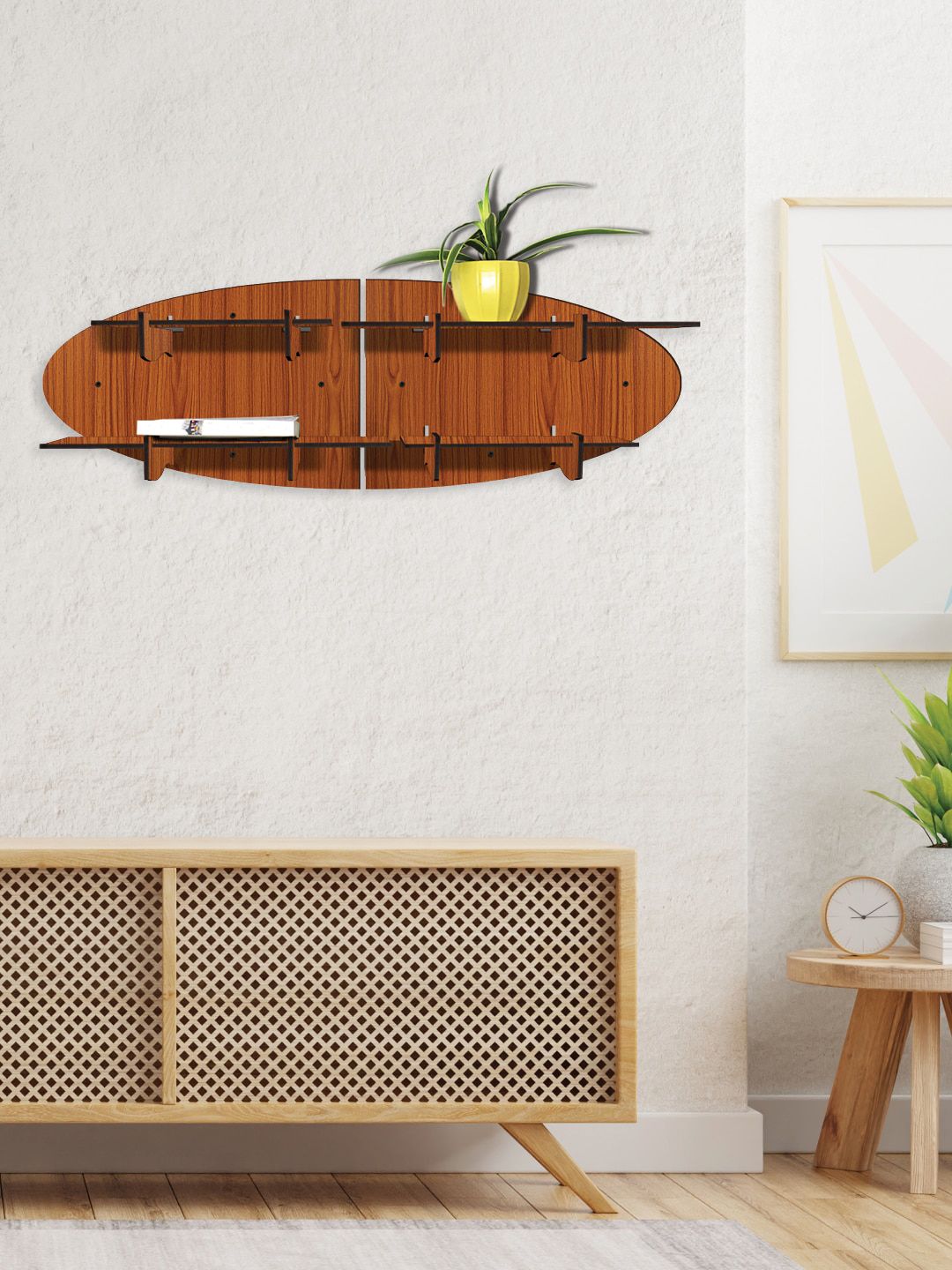 RANDOM Brown Set of 2 Oval Wood Modular Wall Shelves Price in India