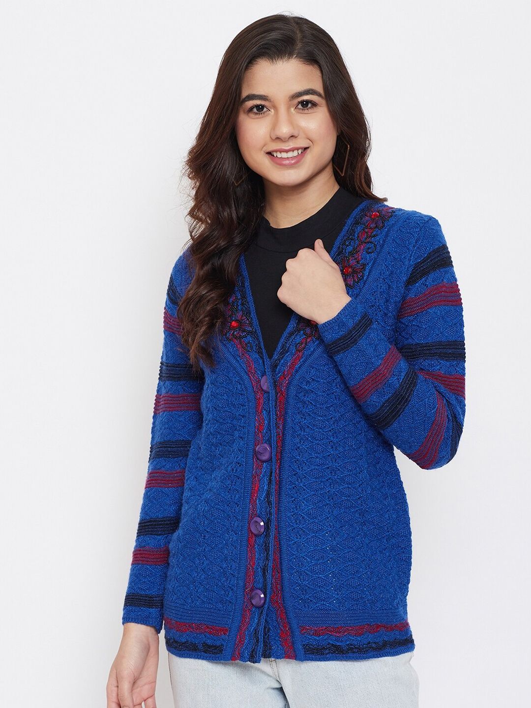 Zigo Women Blue & Black Striped Cardigan with Embellished Detail Price in India