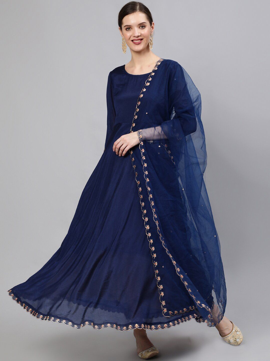 Nayo Navy Blue Chiffon Ethnic A-Line Dress with Dupatta Price in India