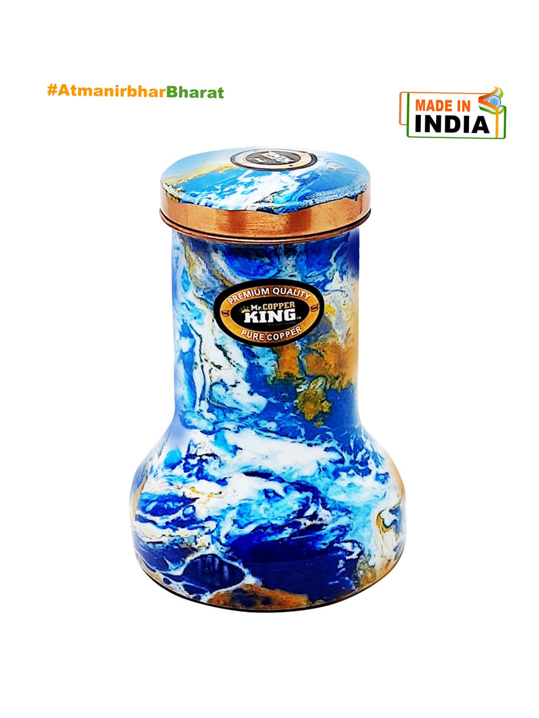 MR. COPPER KING Blue & White Premium Meena Printed Copper Lilly Bottle Cum Jar 1300ml Price in India