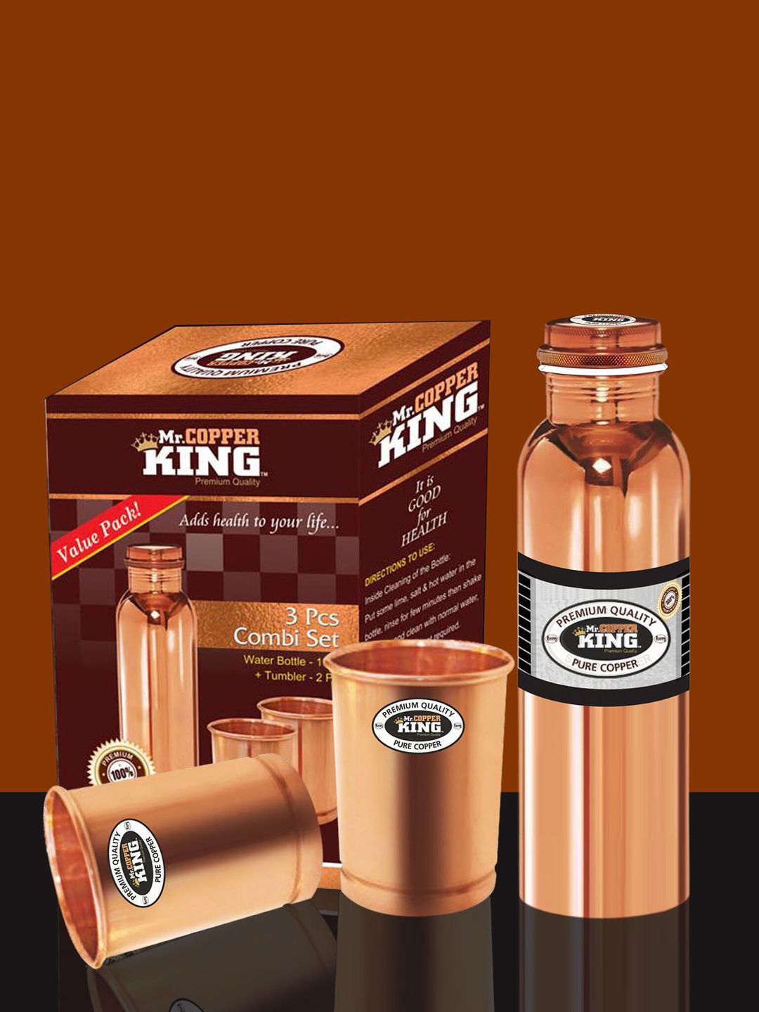 MR. COPPER KING Copper-Toned Solid Pure Copper Water Bottle With Tumbler Price in India
