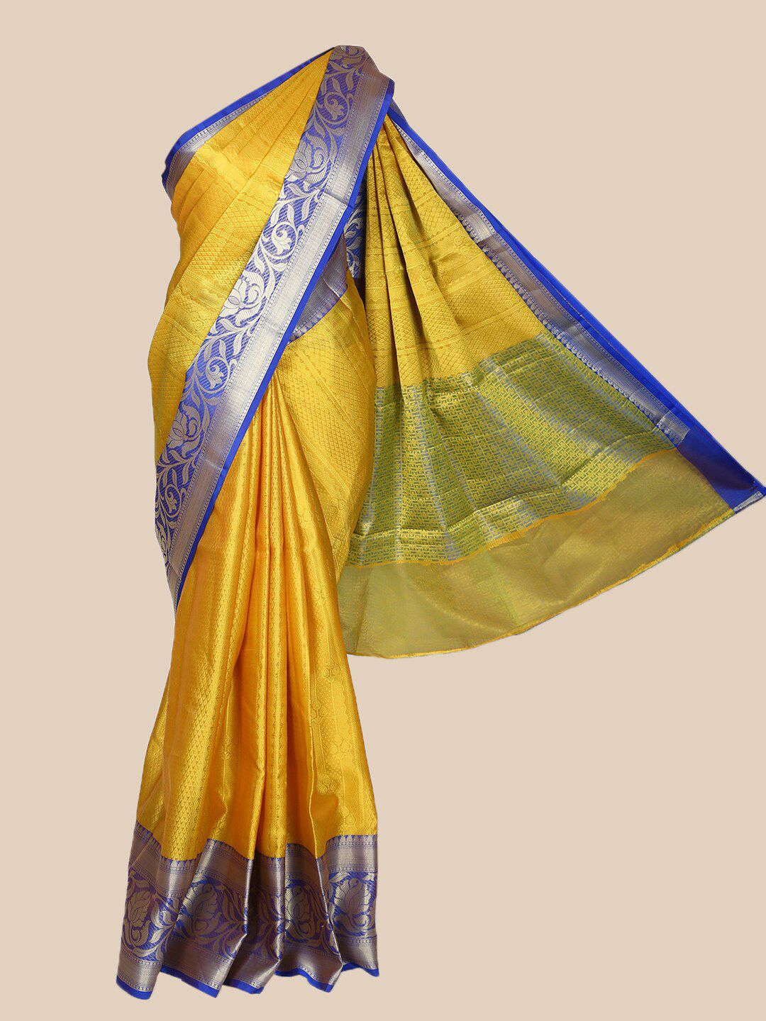 The Chennai Silks Mustard & Blue Ethnic Motifs Organza Banarasi Saree