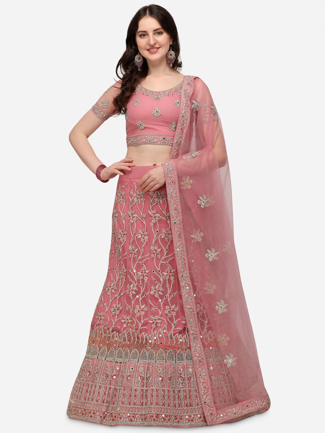 VRSALES Pink & Silver-Coloured Embroidered Semi-Stitched Lehenga & Blouse With Dupatta Price in India