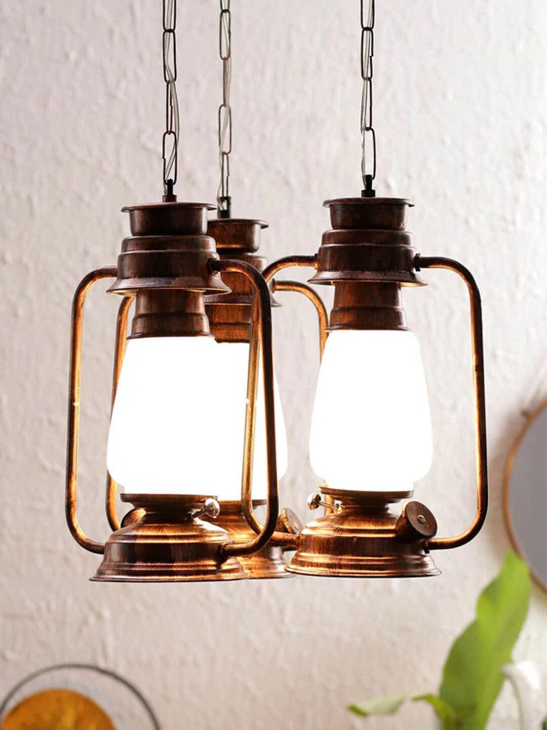 Devansh Set of 3 Copper Antique Cluster Lantern Milky Glass Hanging Lamp Price in India