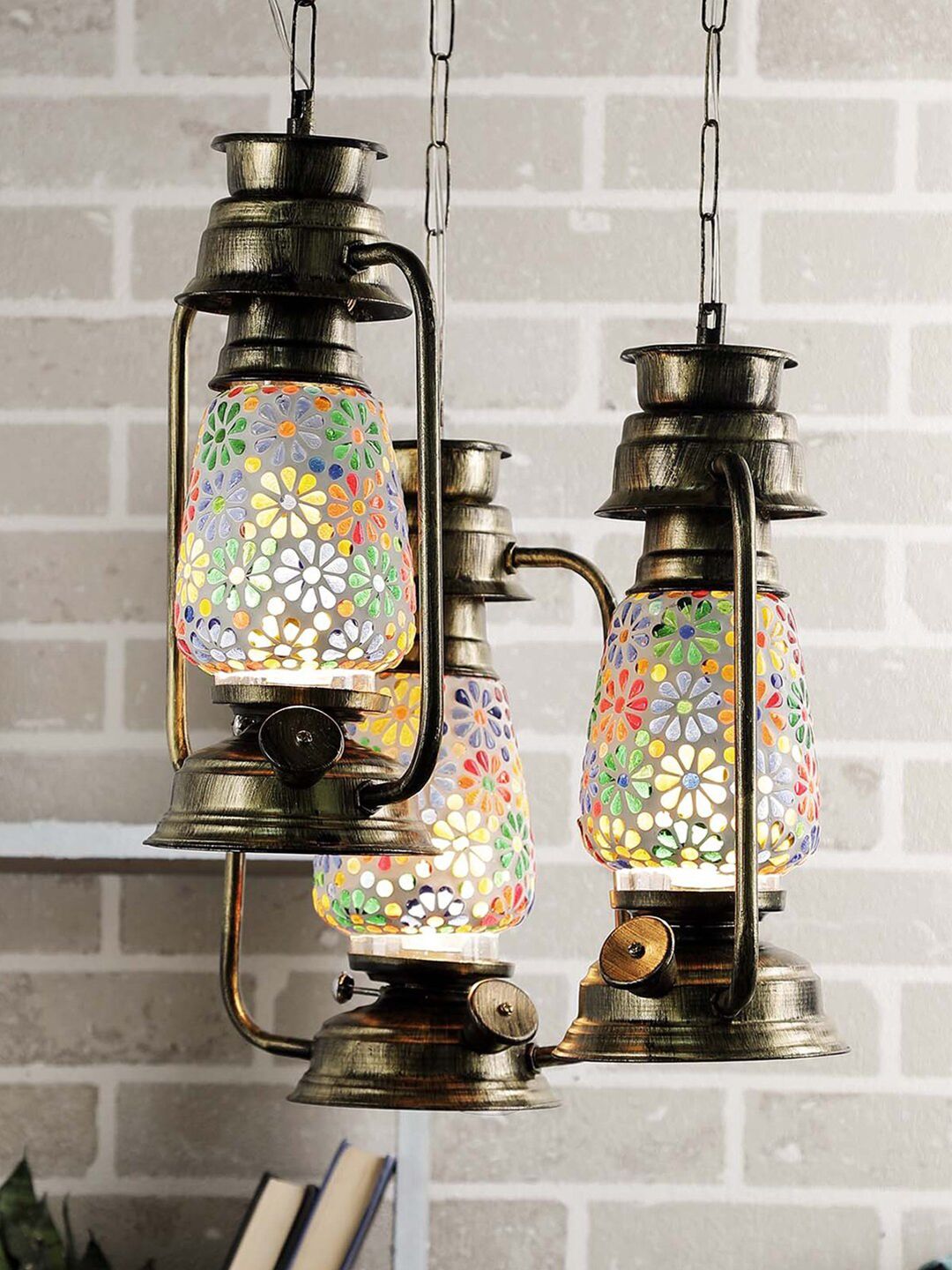 Devansh Set of 3 Copper & Green Antique Lantern Mosaic Glass Hanging Lamp Price in India