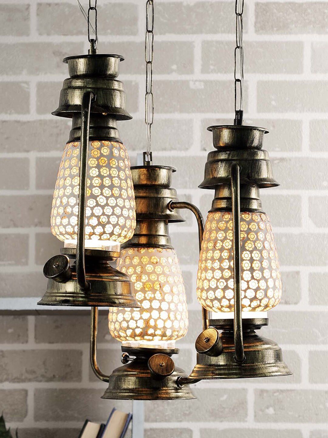 Devansh Set of 3 White & Copper Antique Lantern Mosaic Multicolor Glass Hanging Lamp Price in India