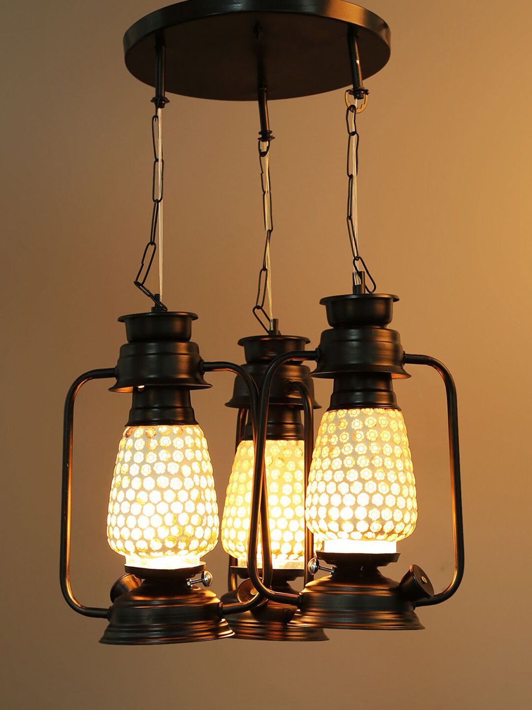 Devansh Set of 3 Black & White Cluster Lantern Mosaic Glass Hanging Lamp Price in India