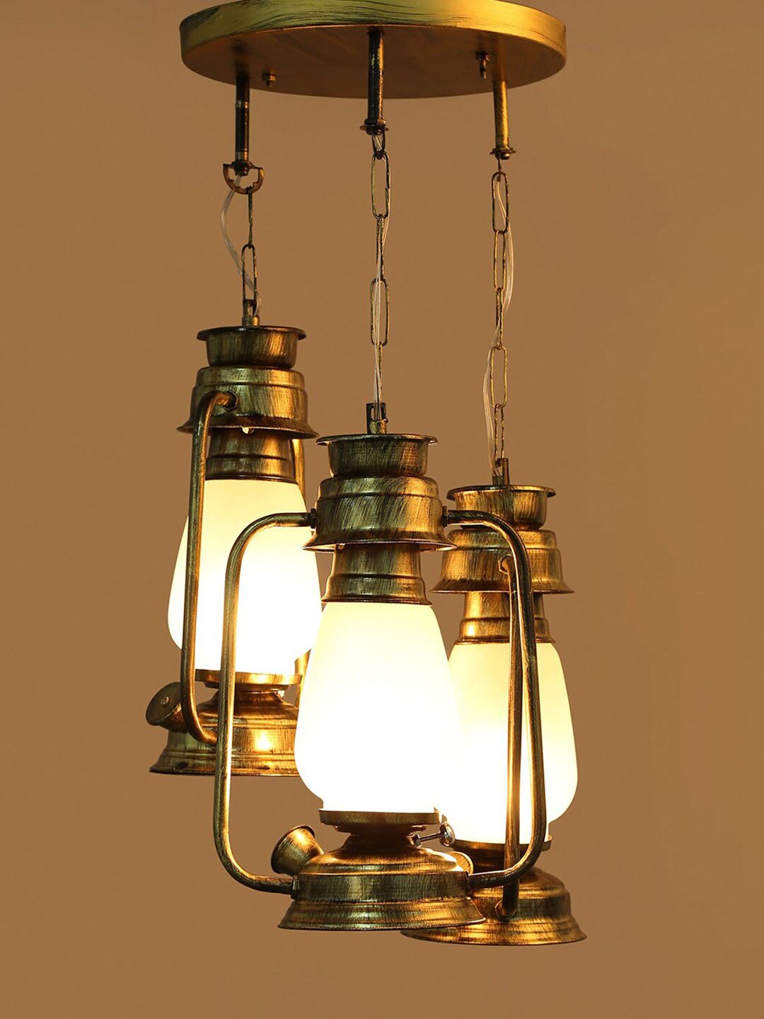Devansh Set of 3 White & Copper Antique Lantern Milky Glass Hanging Lamp Price in India