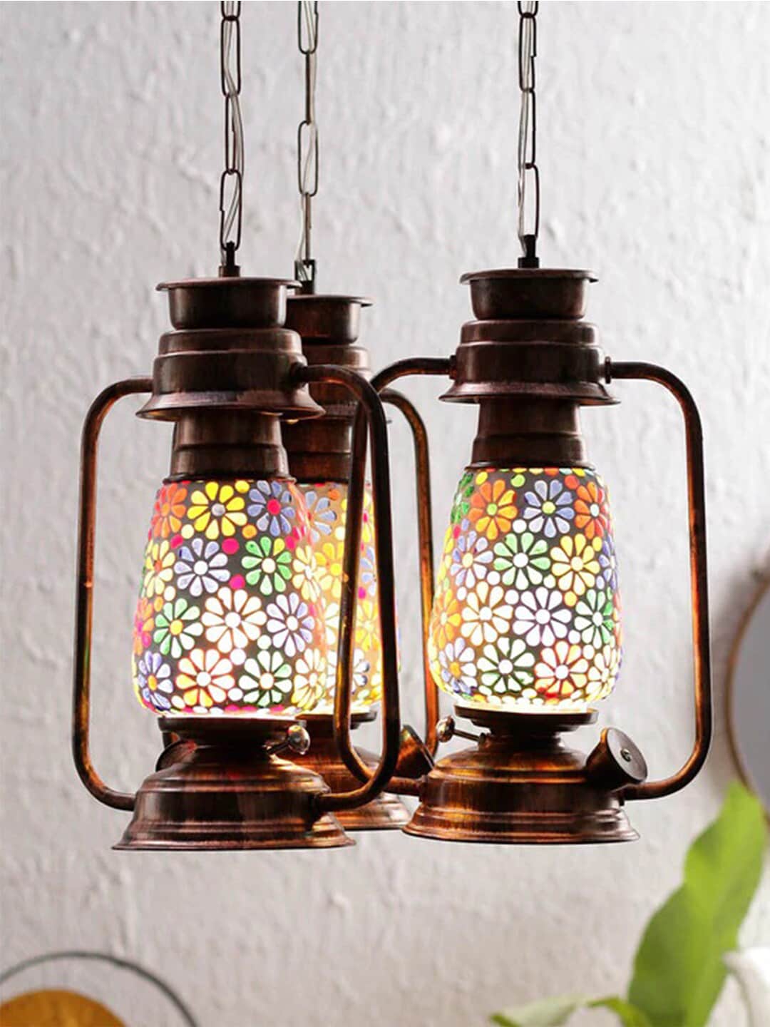 Devansh Set of 3 Copper & Blue Antique Cluster Lantern Mosaic Glass Hanging Lamp Price in India