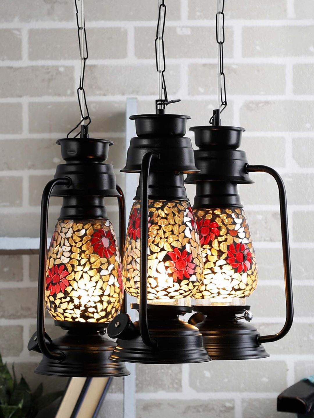 Devansh Set of 3 Black & Silver Cluster Lantern Mosaic Glass Hanging Lamp Price in India