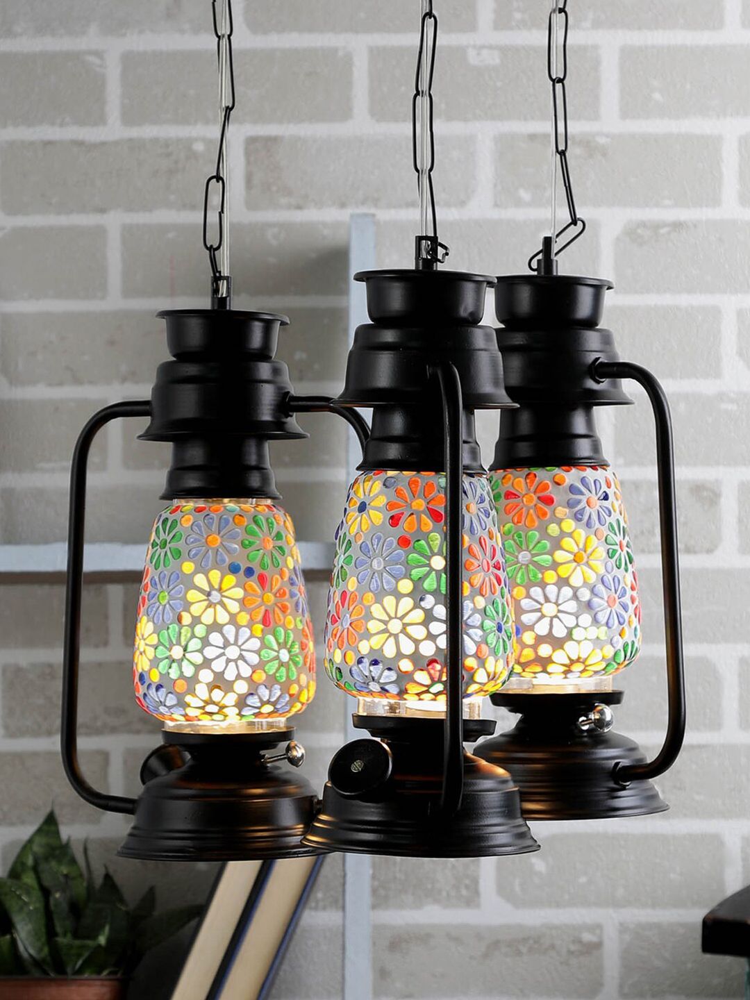 Devansh Set of 3 Black Cluster Lantern Mosaic Glass Hanging Ceiling Lamp Price in India