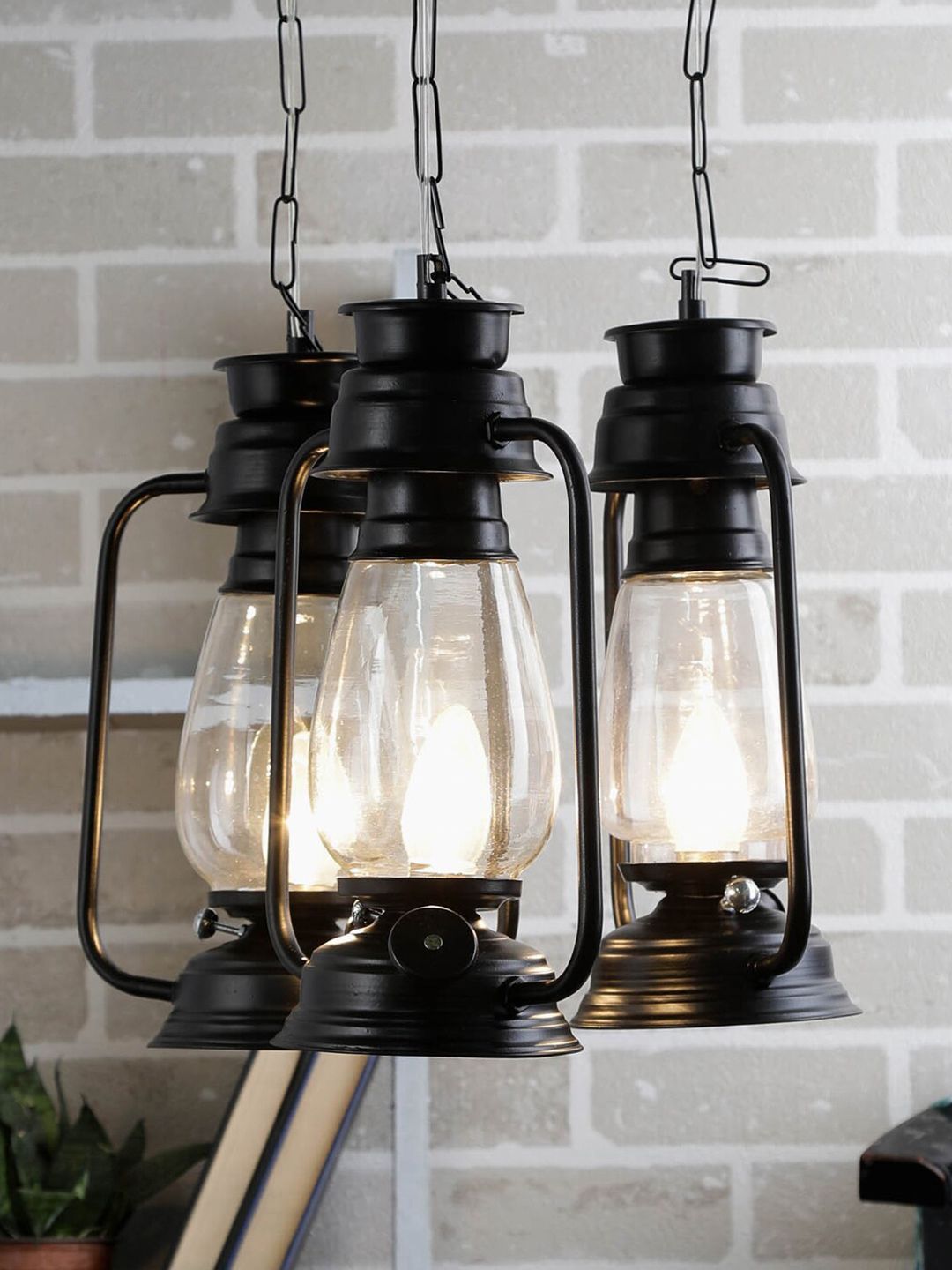 Devansh Set of 3 Black Cluster Lantern Transparent Glass Hanging Lamp Price in India