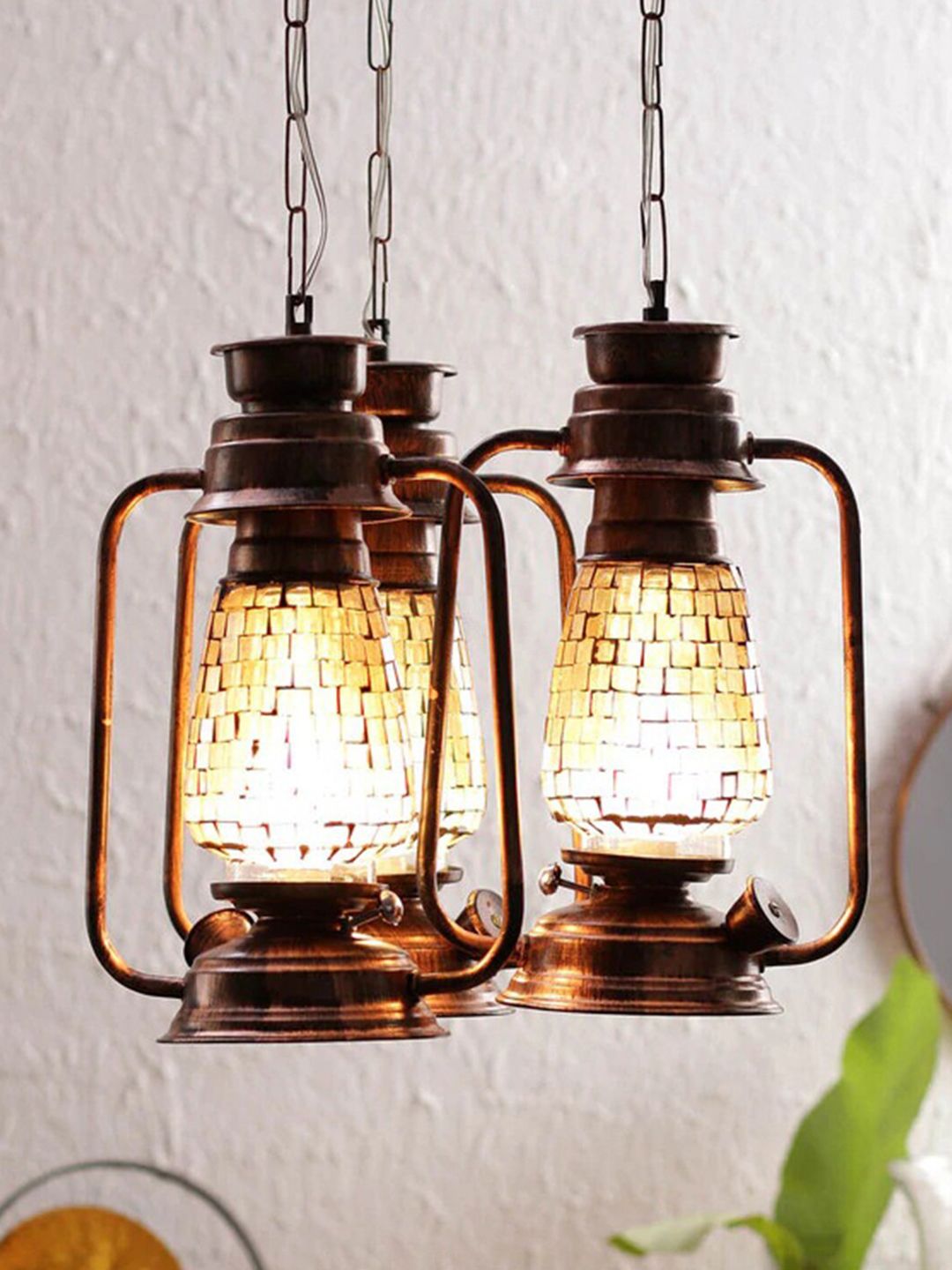 Devansh Set of 3 Copper Antique Cluster Lantern Mosaic Glass Hanging Lamp Price in India