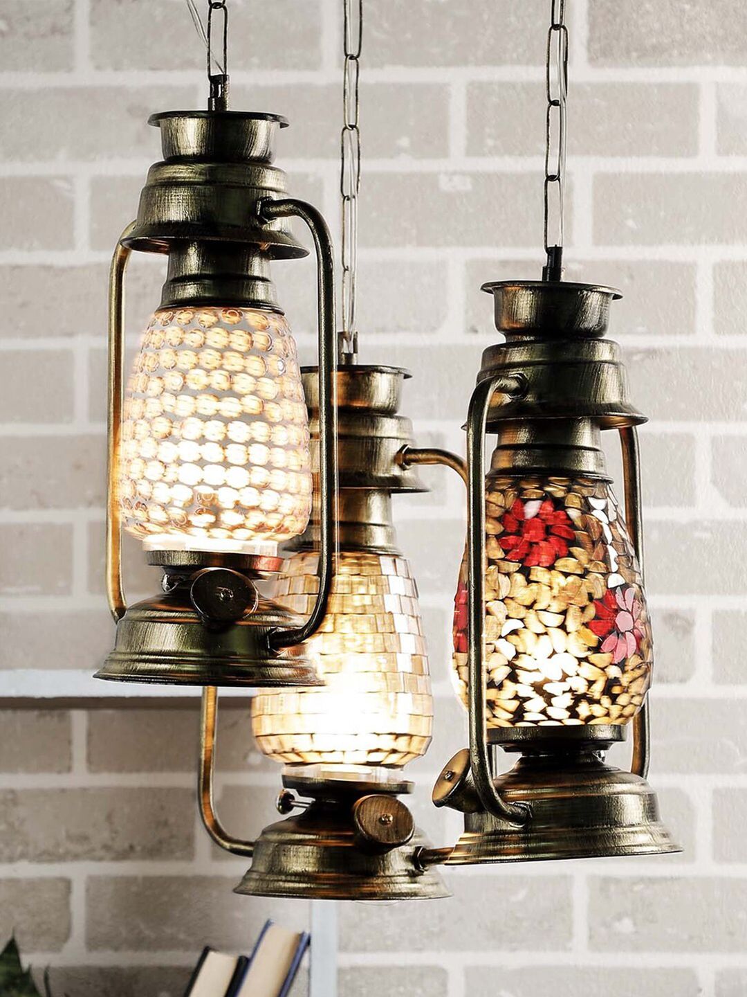 Devansh Set of 3 Gold Antique Cluster Lantern Mosaic Glass Hanging Lamp Price in India