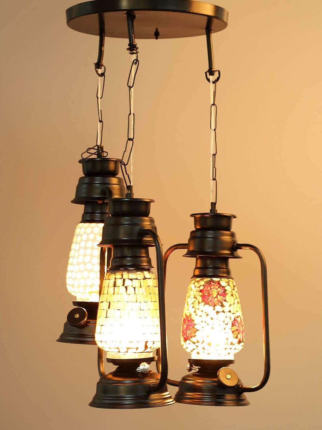 Devansh Set of 3 Black Antique Cluster Lantern Mosaic Glass Hanging Lamp Price in India
