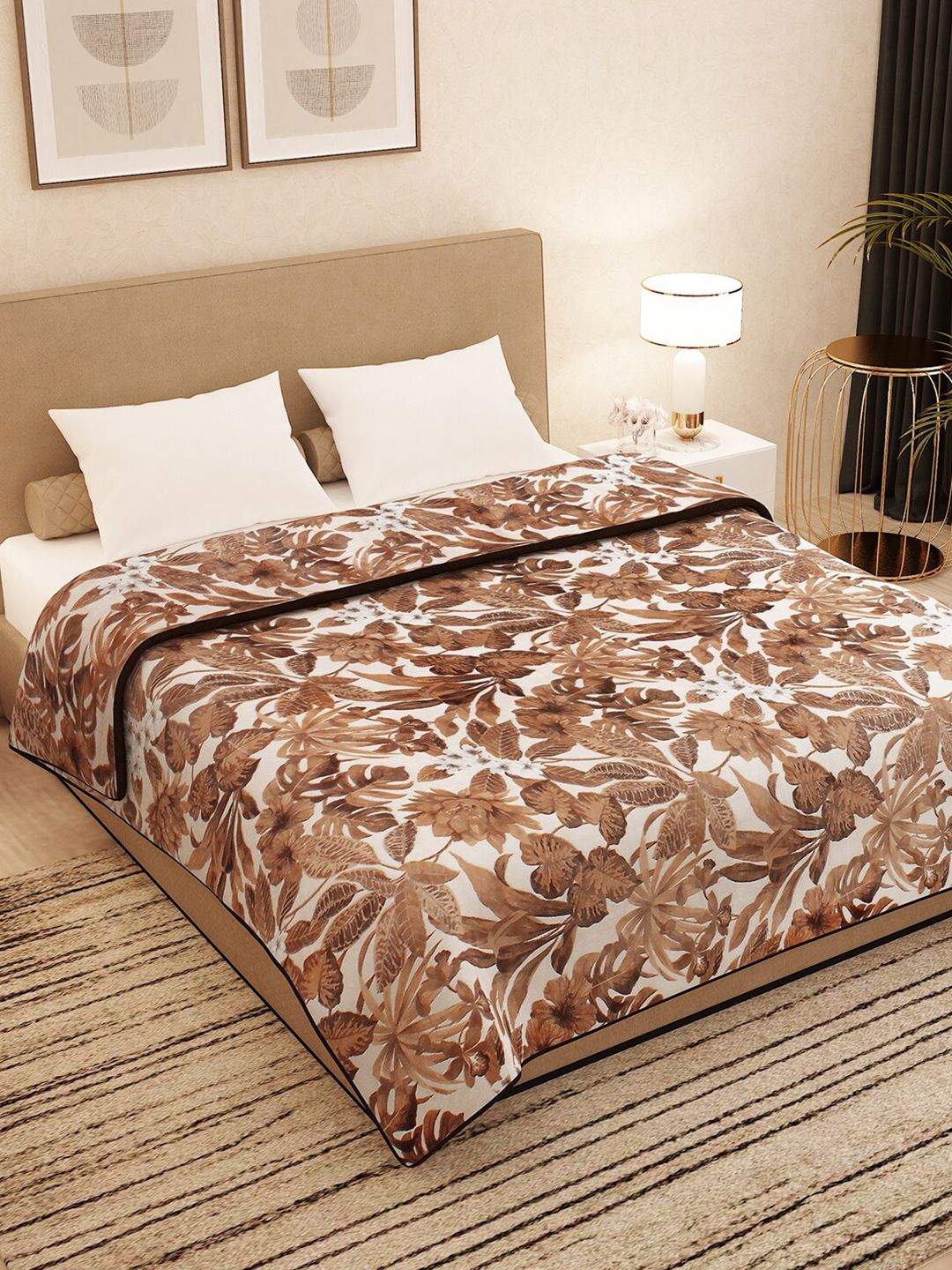 Story@home Brown & White Floral AC Room 400 GSM Double Bed Blanket Price in India