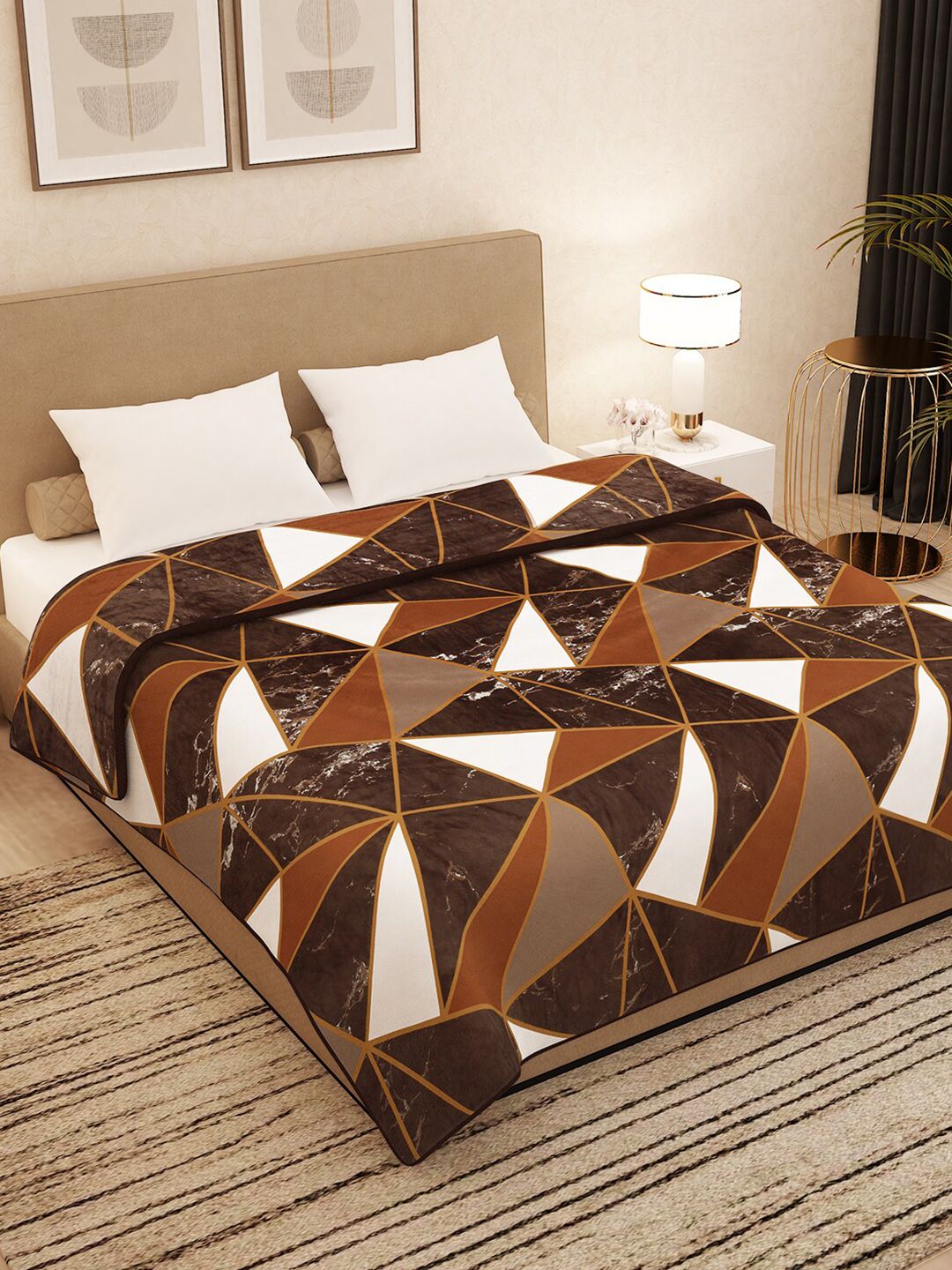 Story@home Brown & White Geometric AC Room 400 GSM Double Bed Blanket Price in India