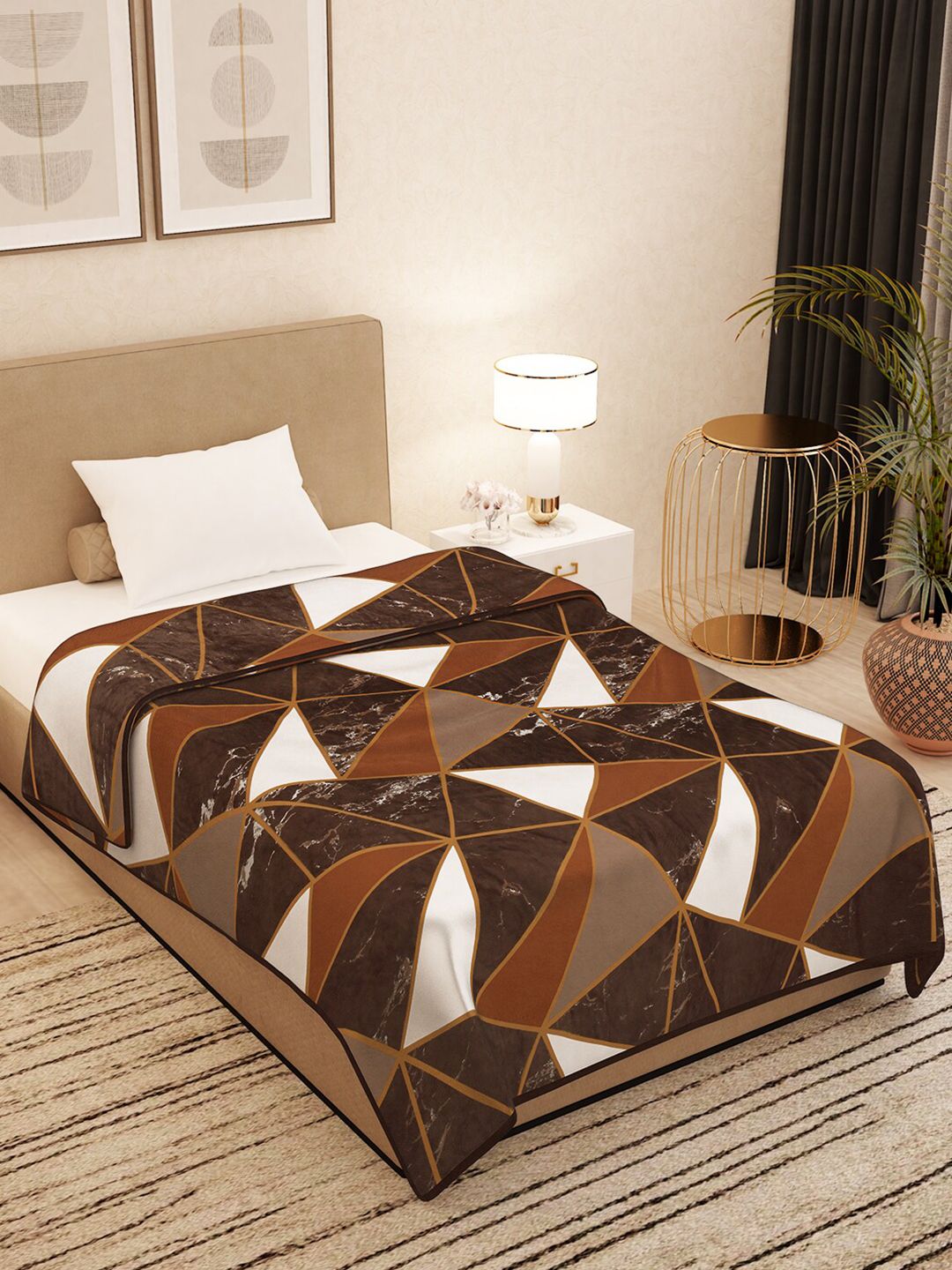Story@home Brown & White Geometric AC Room 400 GSM Single Bed Blanket Price in India
