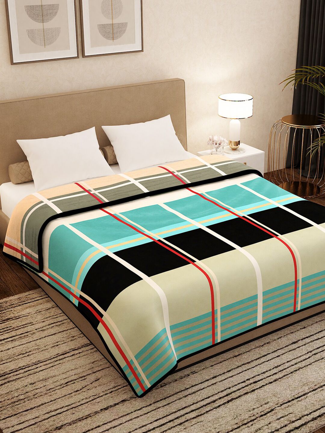 Story@home Turquoise Blue & White Geometric AC Room 400 GSM Double Bed Blanket Price in India