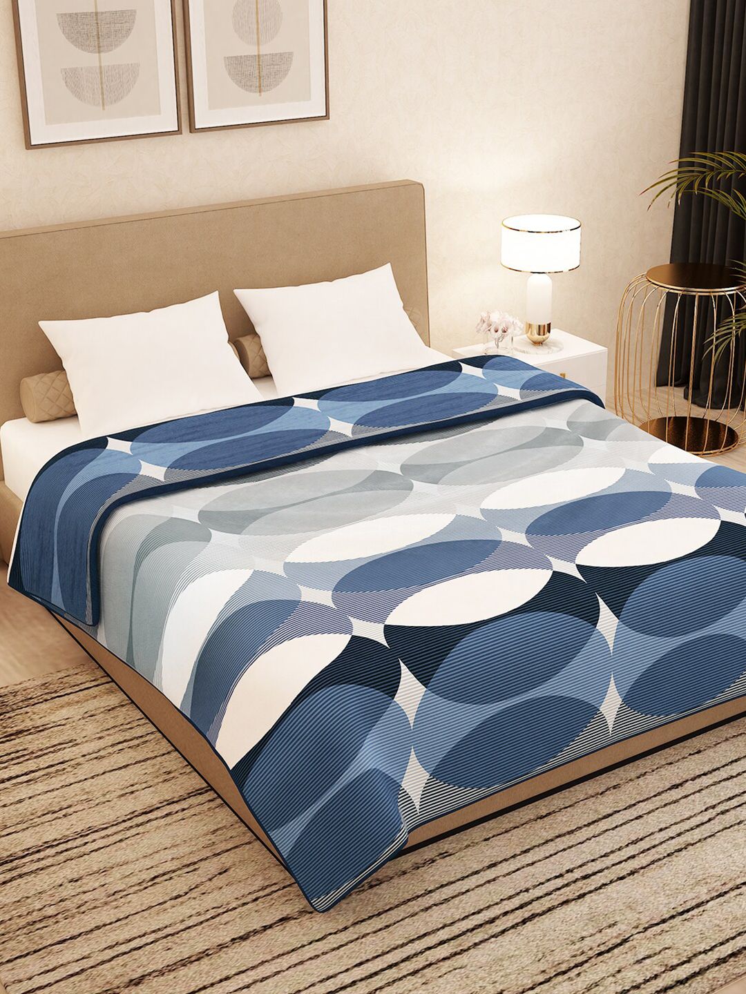 Story@home Blue & White Geometric AC Room 400 GSM Double Bed Blanket Price in India