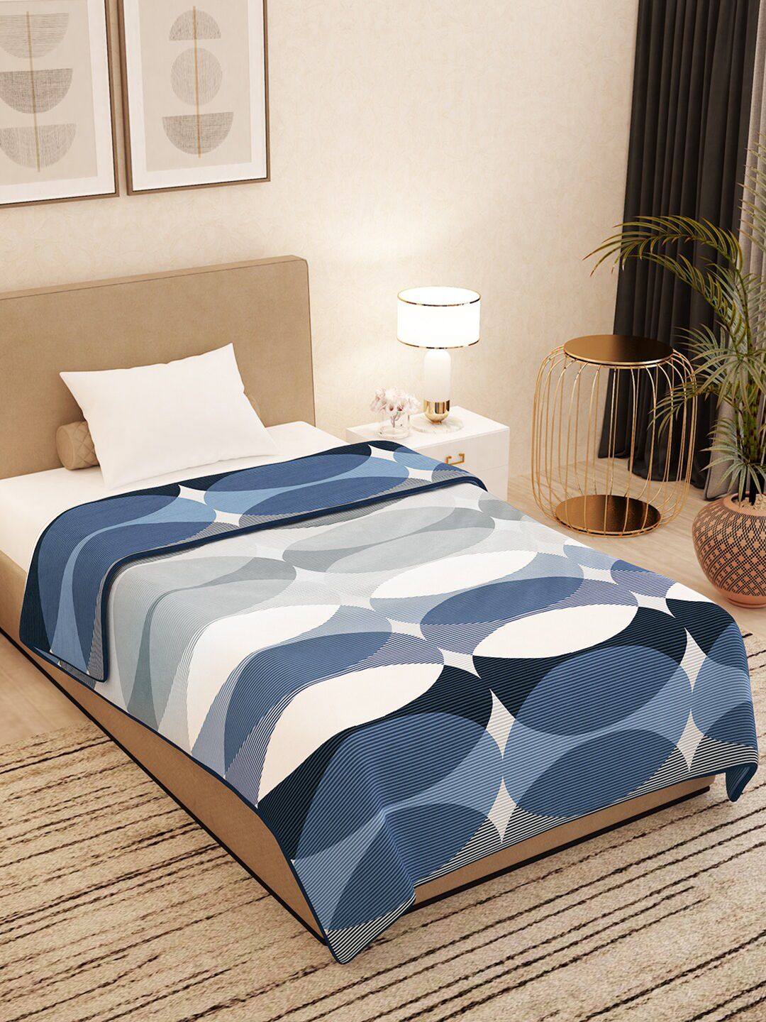 Story@home Blue & White Geometric AC Room 400 GSM Single Bed Blanket Price in India
