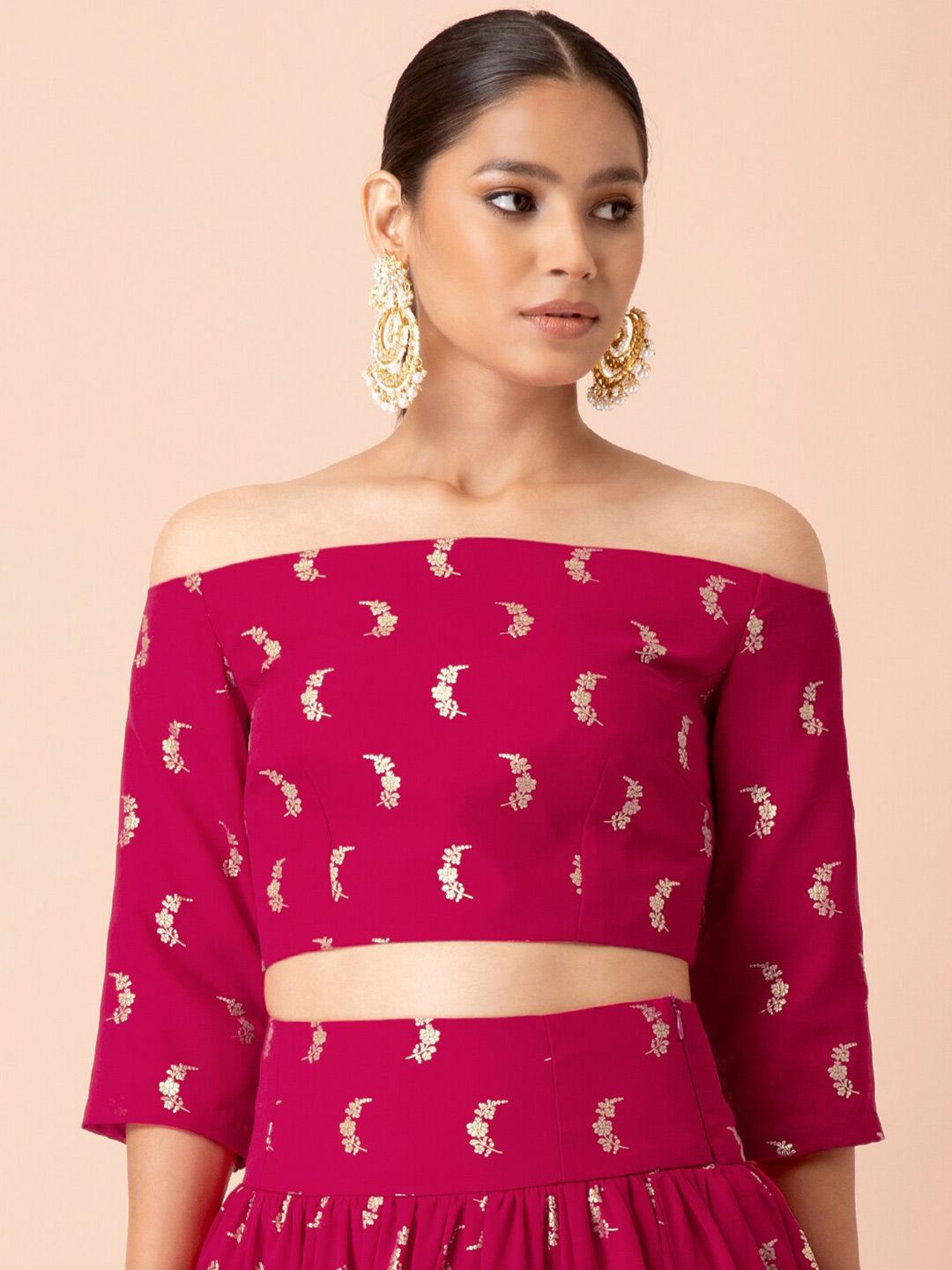 Indya X Payal Singhal Pink Foil Off Shoulder Crop Top