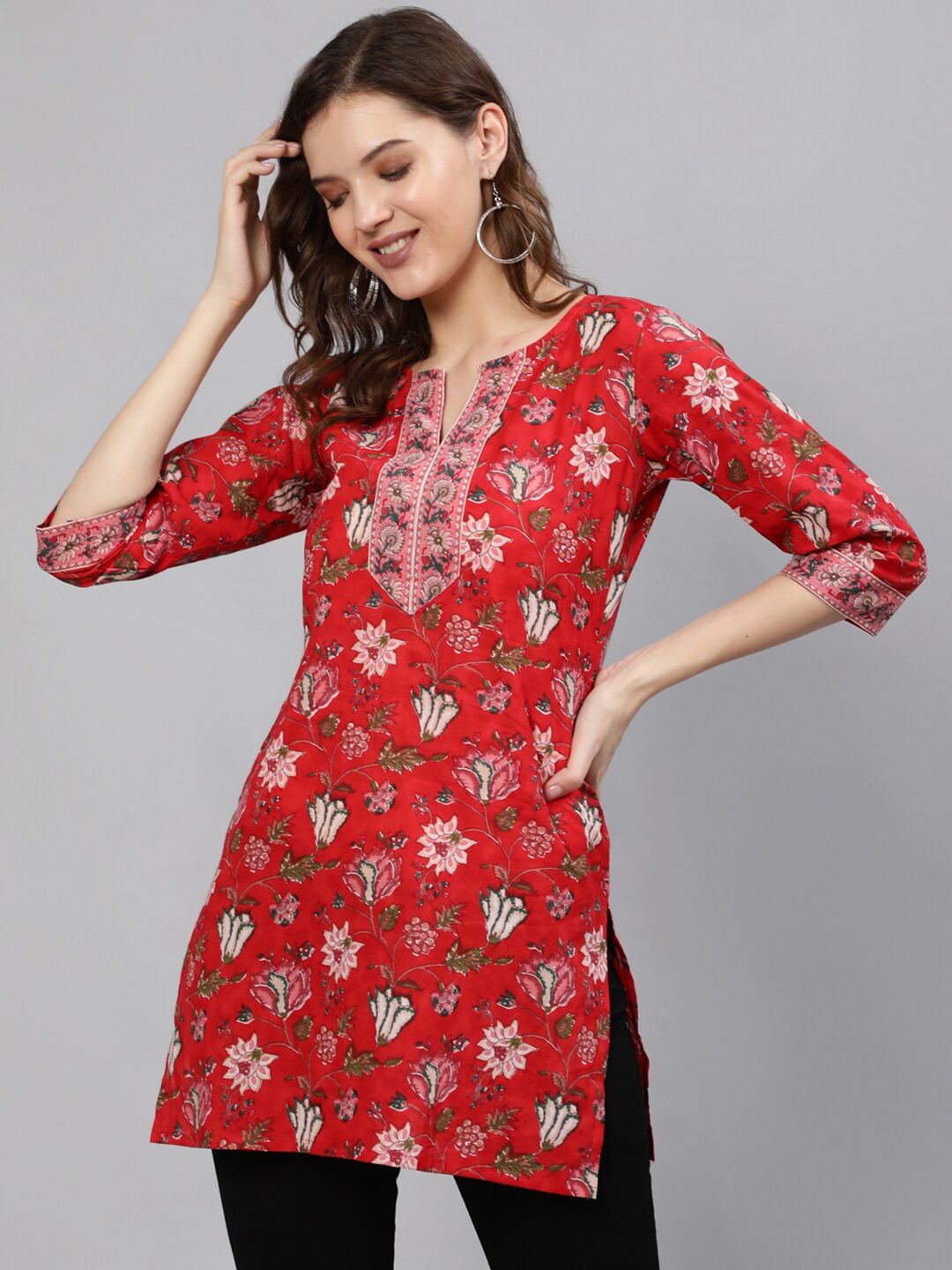 Nayo Red & Pink Cotton Printed Tunic Price in India