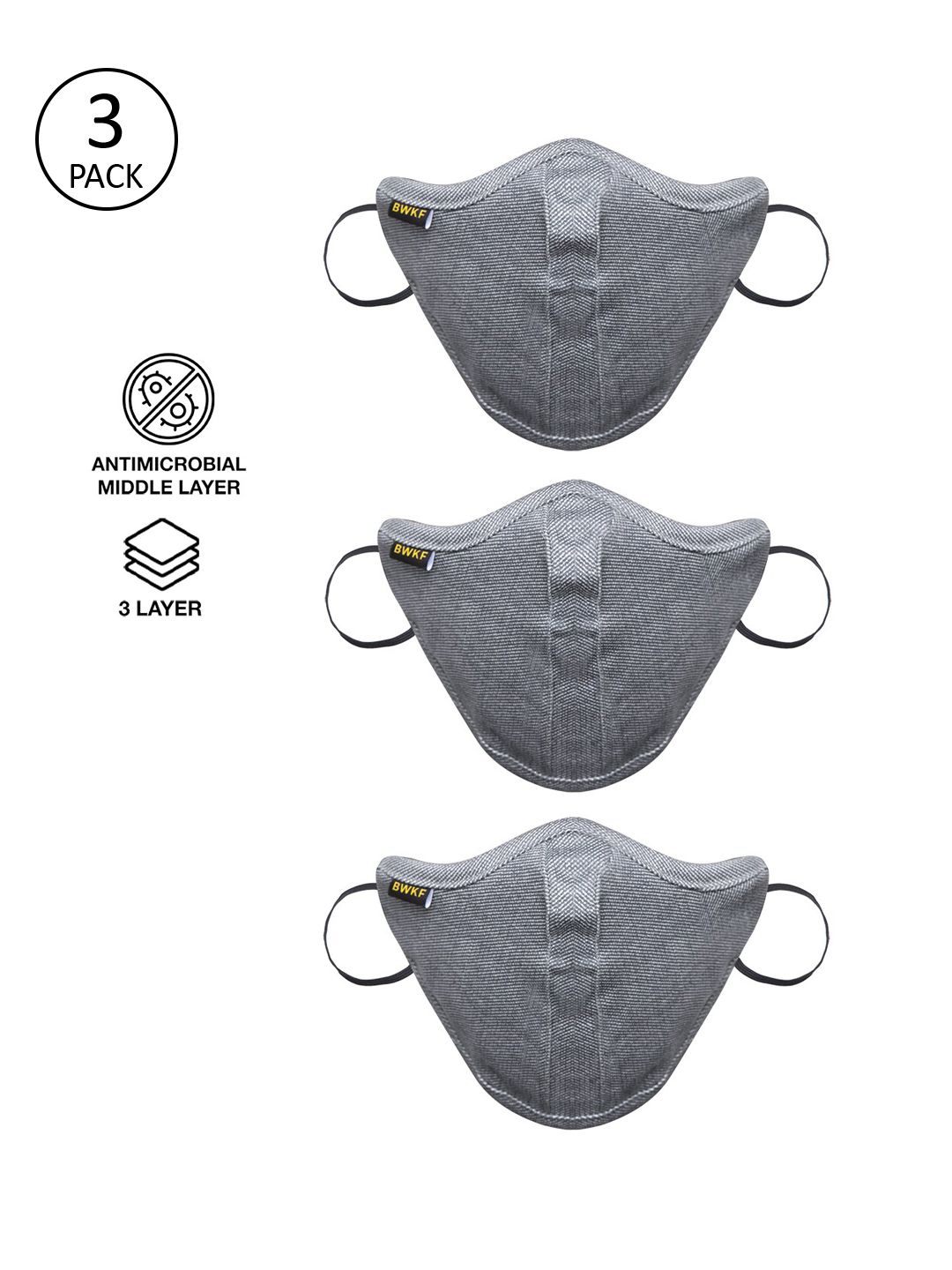 Bewakoof Unisex Pack Of 3 Grey Solid 3-Ply Reusable Cotton Protective Outdoor Masks Price in India