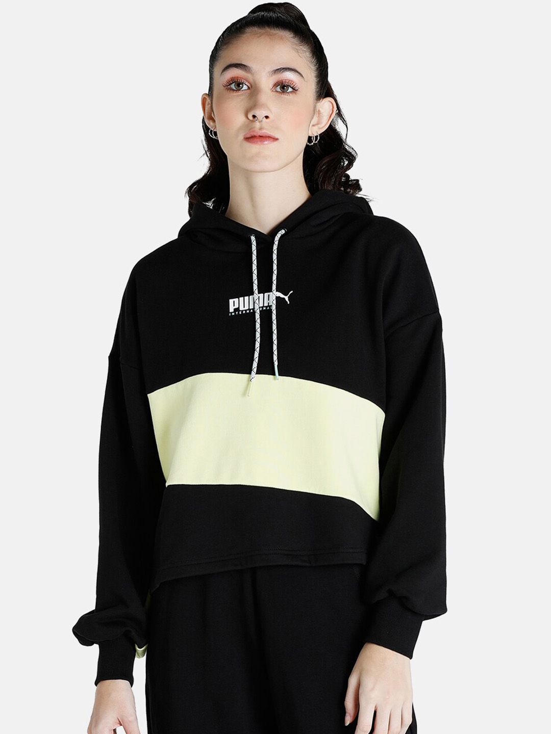 PUMA Women Black & Yellow Colourblocked Loose Fit Hoodie Price in India