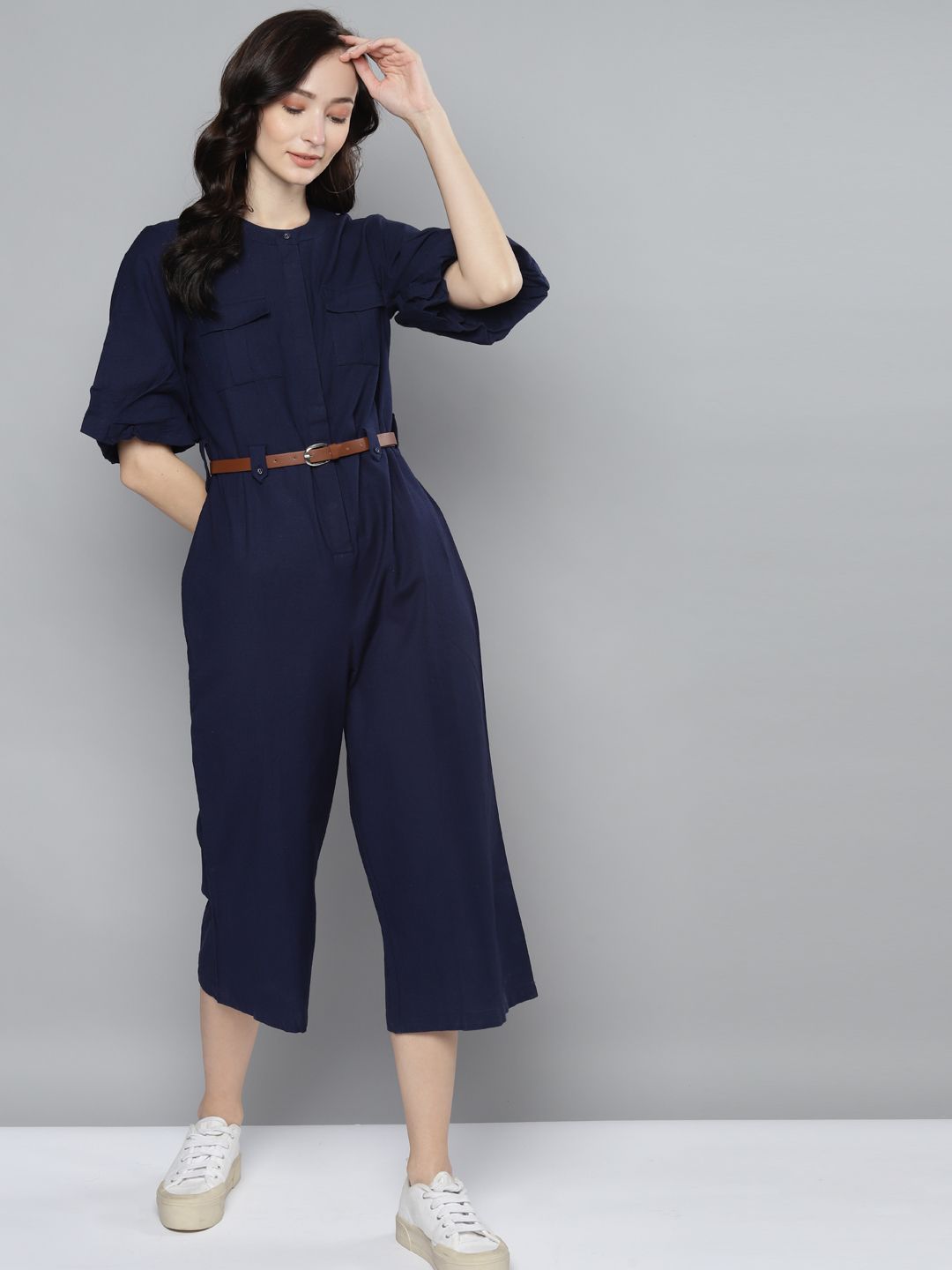 Femella Navy Blue Solid Basic Jumpsuit Price in India