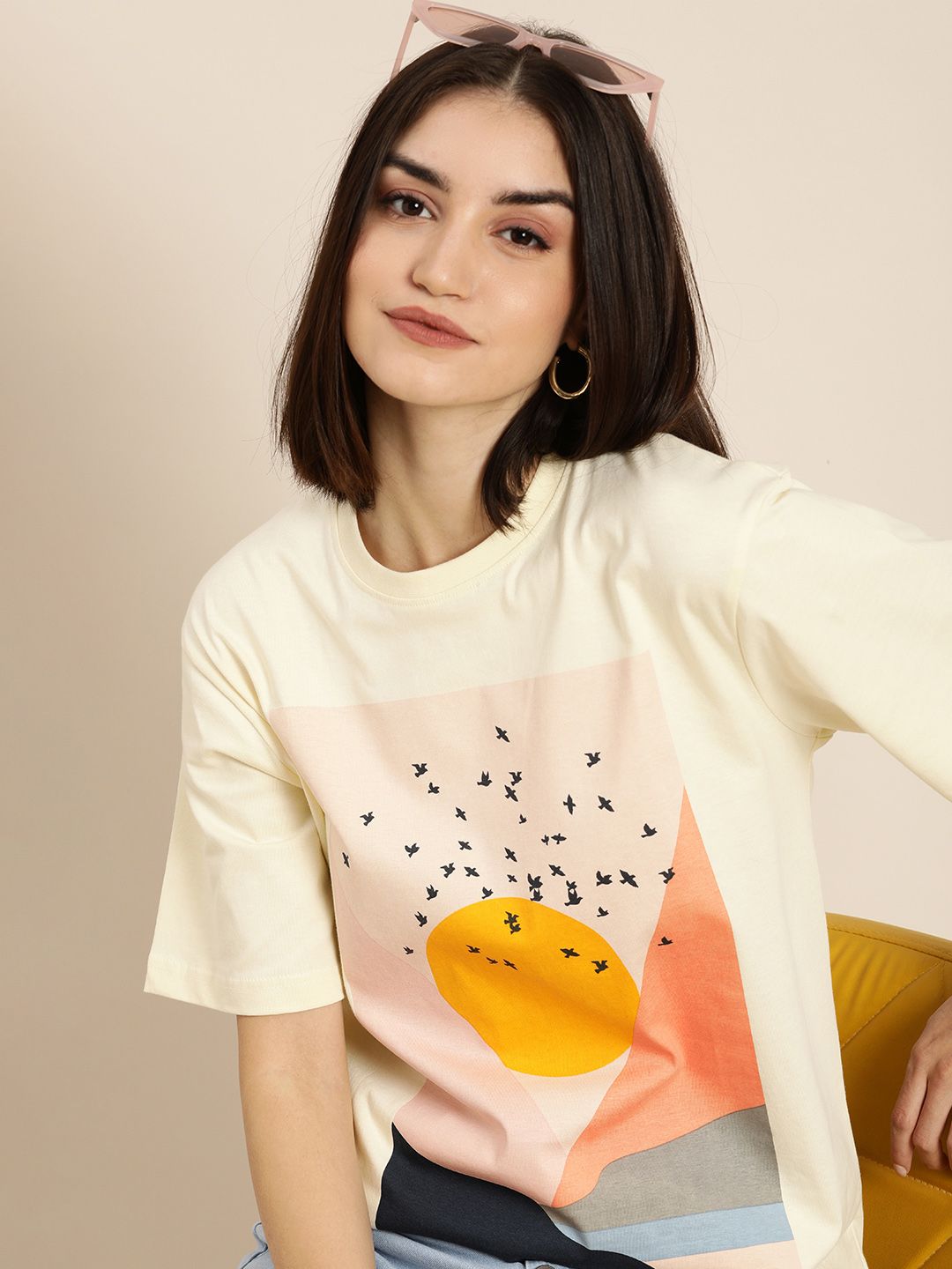 DILLINGER Women Cream-Coloured Printed Cotton Oversized Pure Cotton T-shirt Price in India