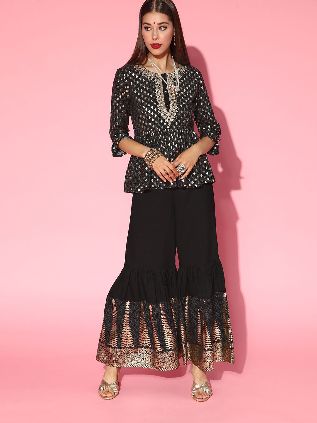 Juniper Women Black & Gold-Toned Printed Top with Palazzos Price in India