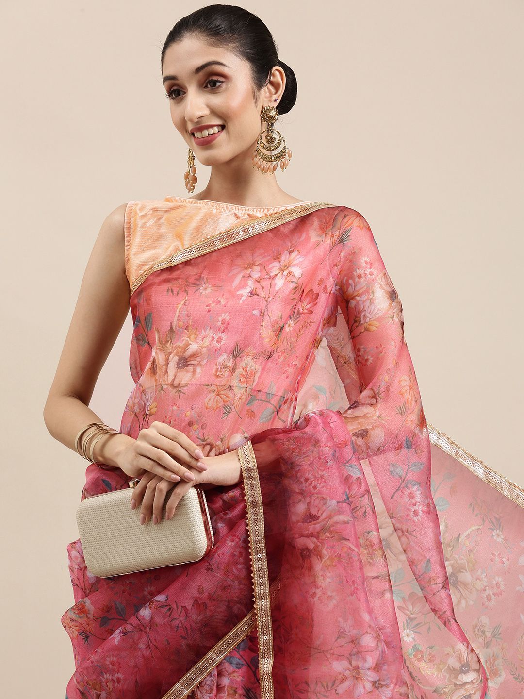 all about you Pink Floral Organza Tussar Saree