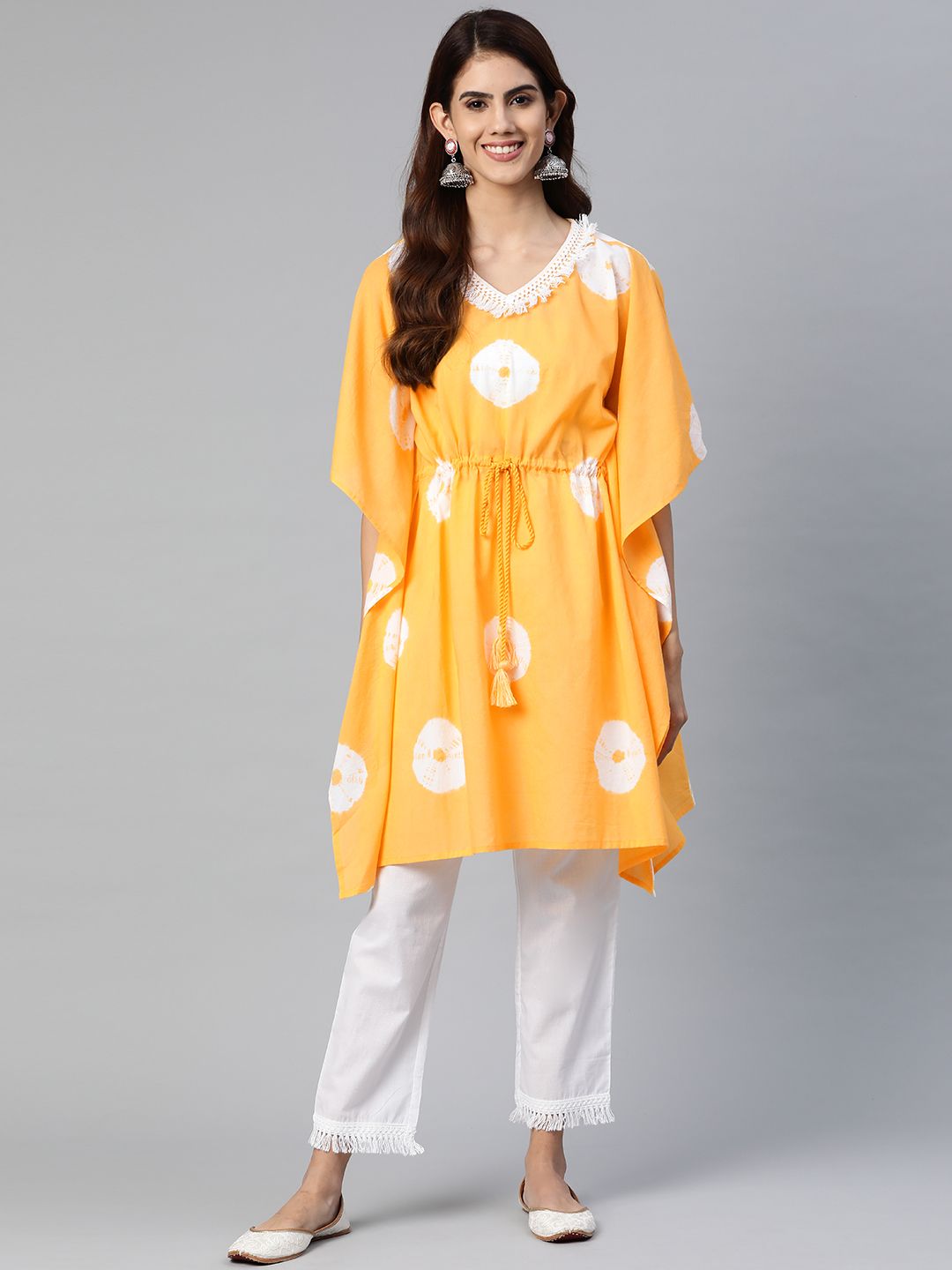 Yuris Women Yellow & White Printed Kaftan with Trousers Price in India