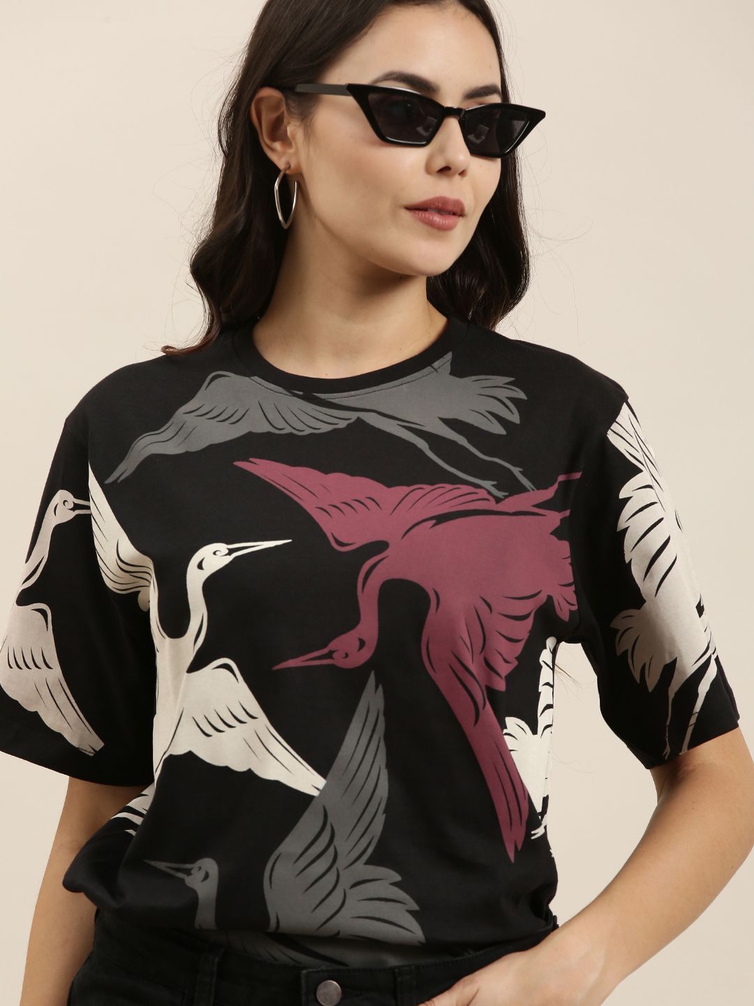 Difference of Opinion Women Black Conversational Printed Pure Cotton Oversized T-shirt Price in India