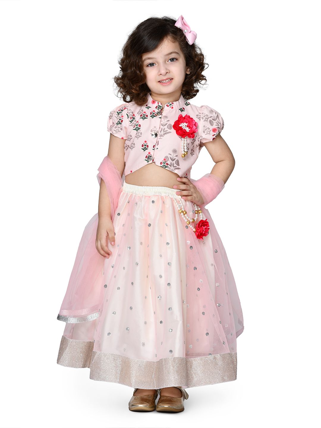 SAKA DESIGNS Girls Pink & Silver Floral Printed Ready To Wear Lehenga Blouse & Dupatta Price in India
