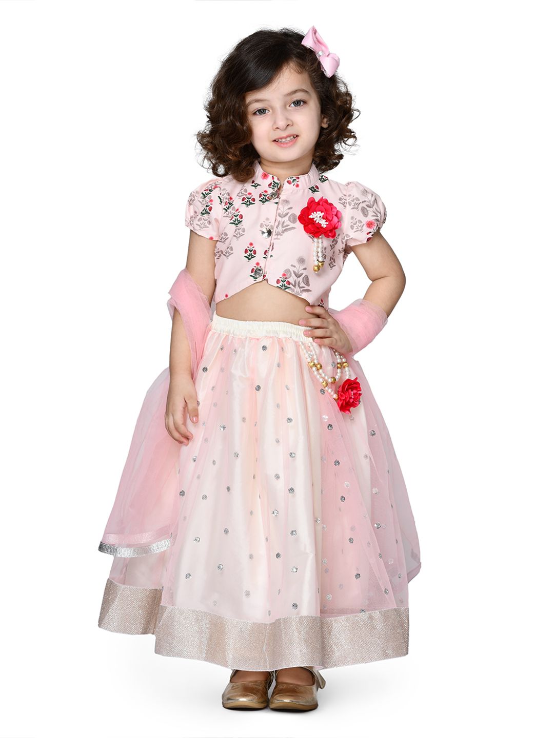 SAKA DESIGNS Girls Pink & Silver Floral Printed Ready To Wear Lehenga Blouse & Dupatta