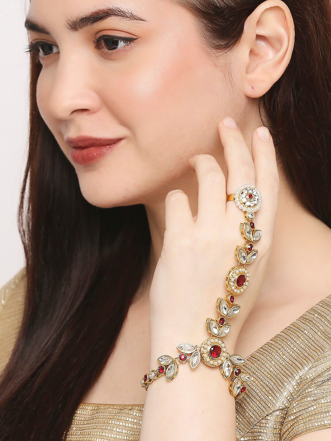 OOMPH Women Gold-Toned & White Kundan Handcrafted Ring Bracelet Price in India