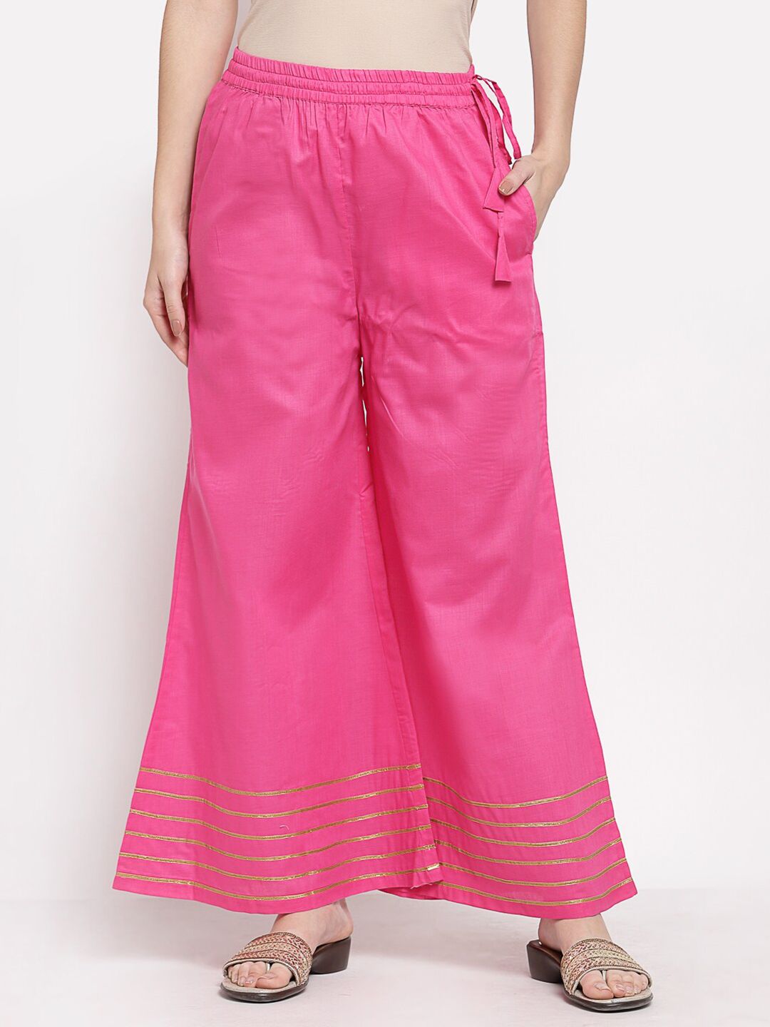 Myshka Women Pink & Gold-Toned Knitted Cotton Ethnic Palazzos Price in India